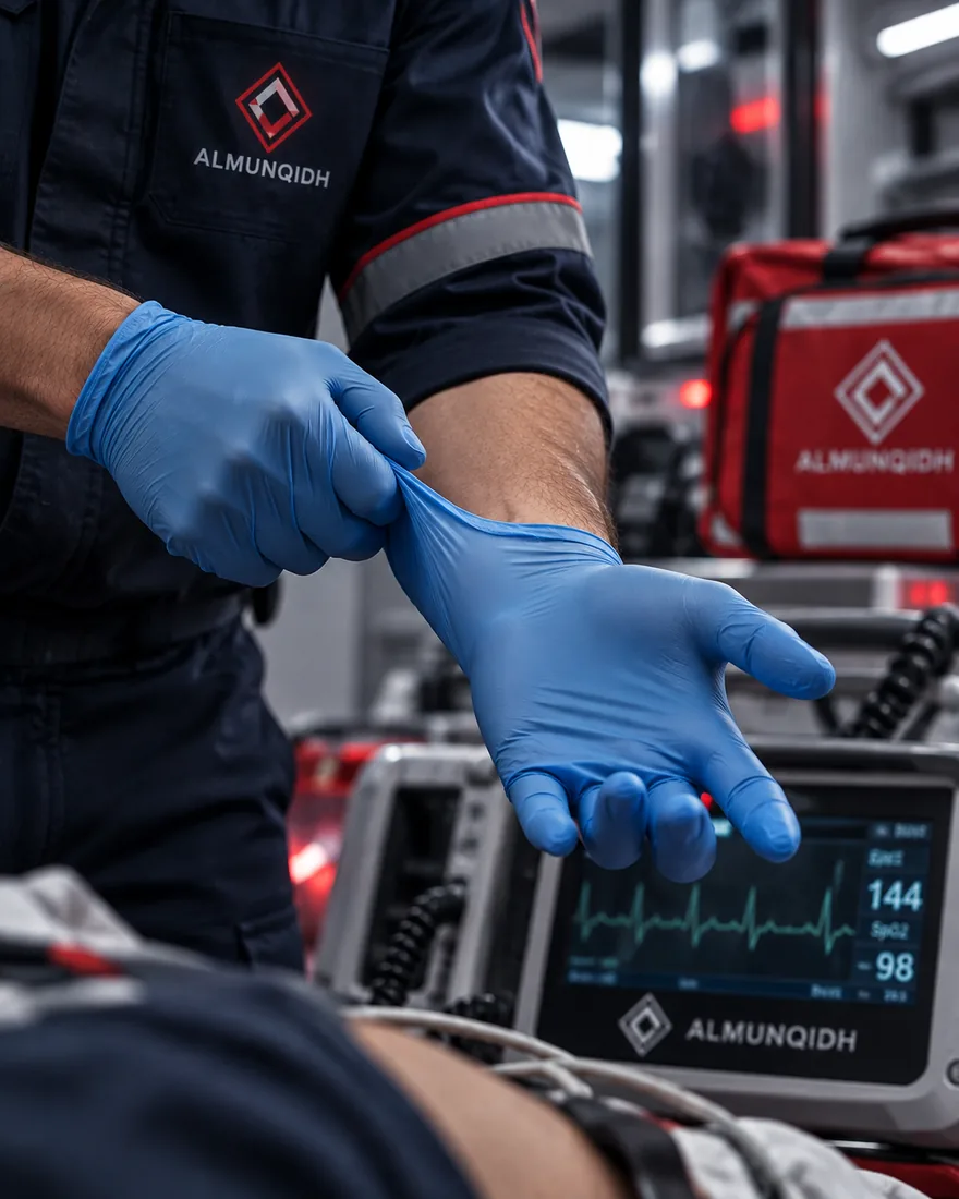 Secouriste en uniforme qui enfile ses gants bleus à côté d'un moniteur cardiaque.