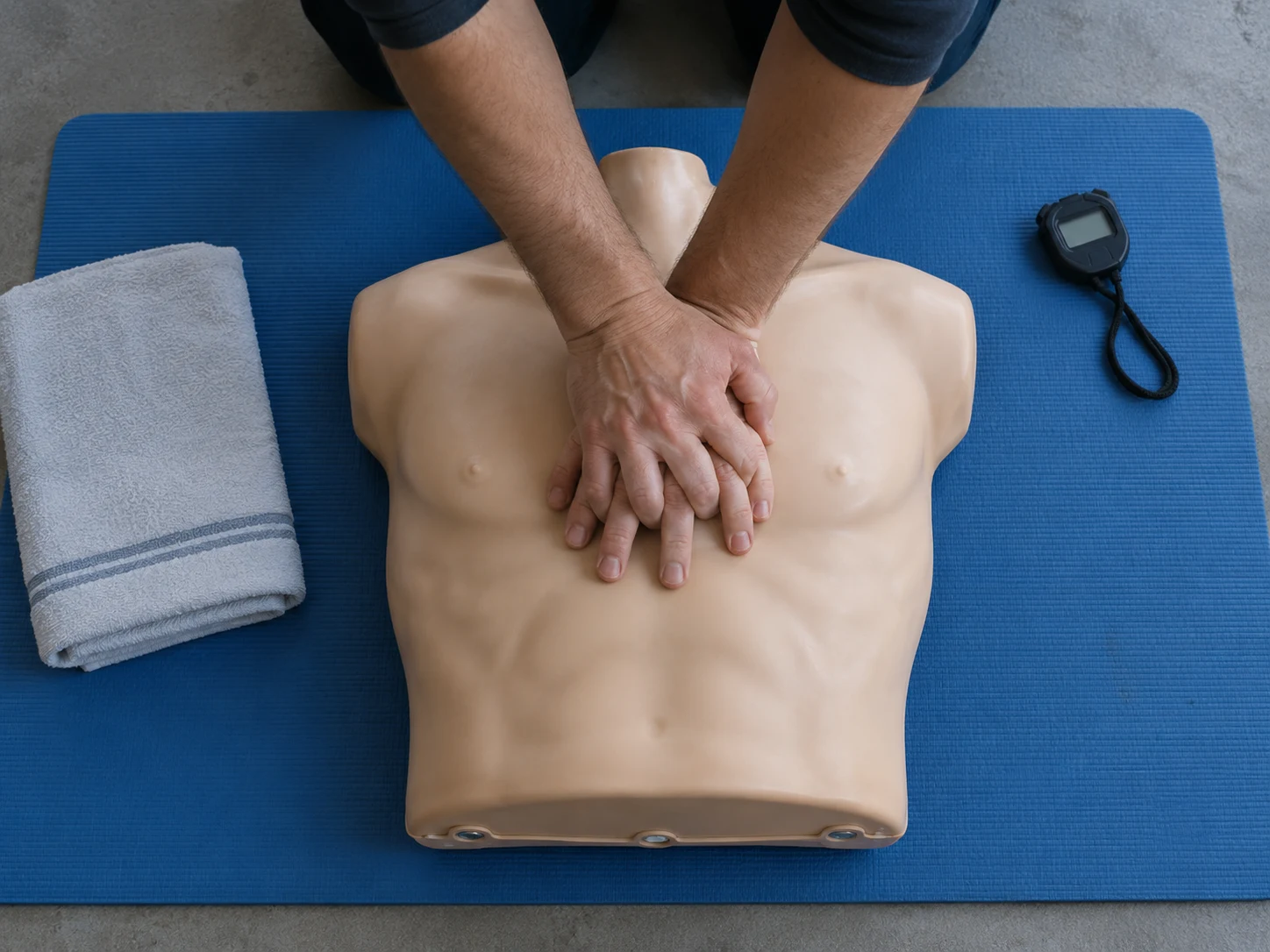 Mains d'un participant effectuant un massage cardiaque sur un mannequin de formation.