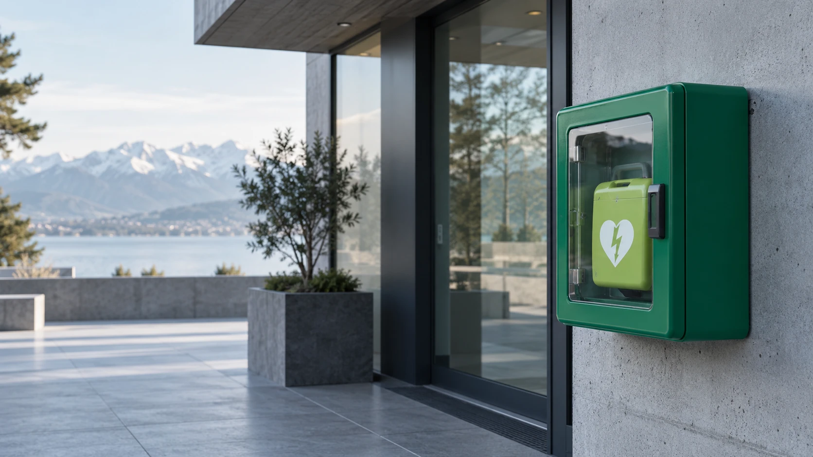 Défibrillateur installé en armoire extérieure, au bord du Léman.