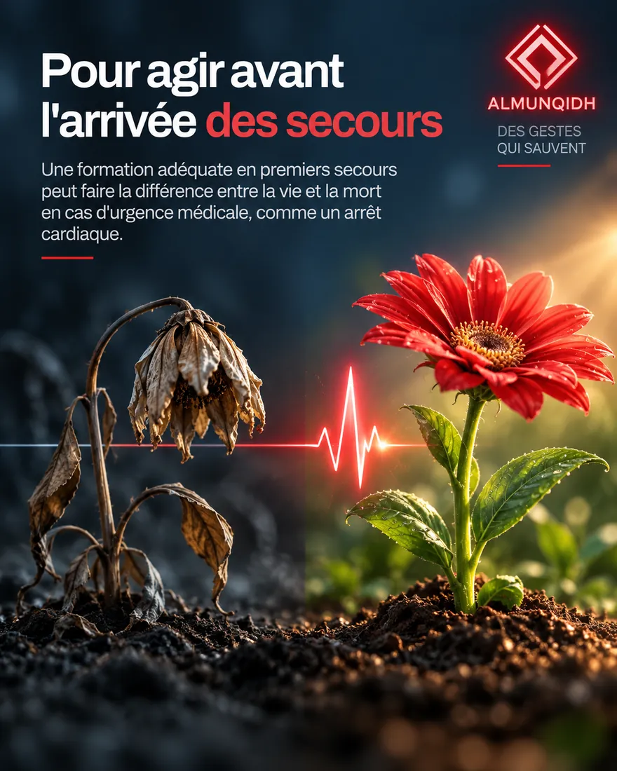 Une fleur fanée et une fleur rouge bien vivante, reliées par un tracé de battement cardiaque.